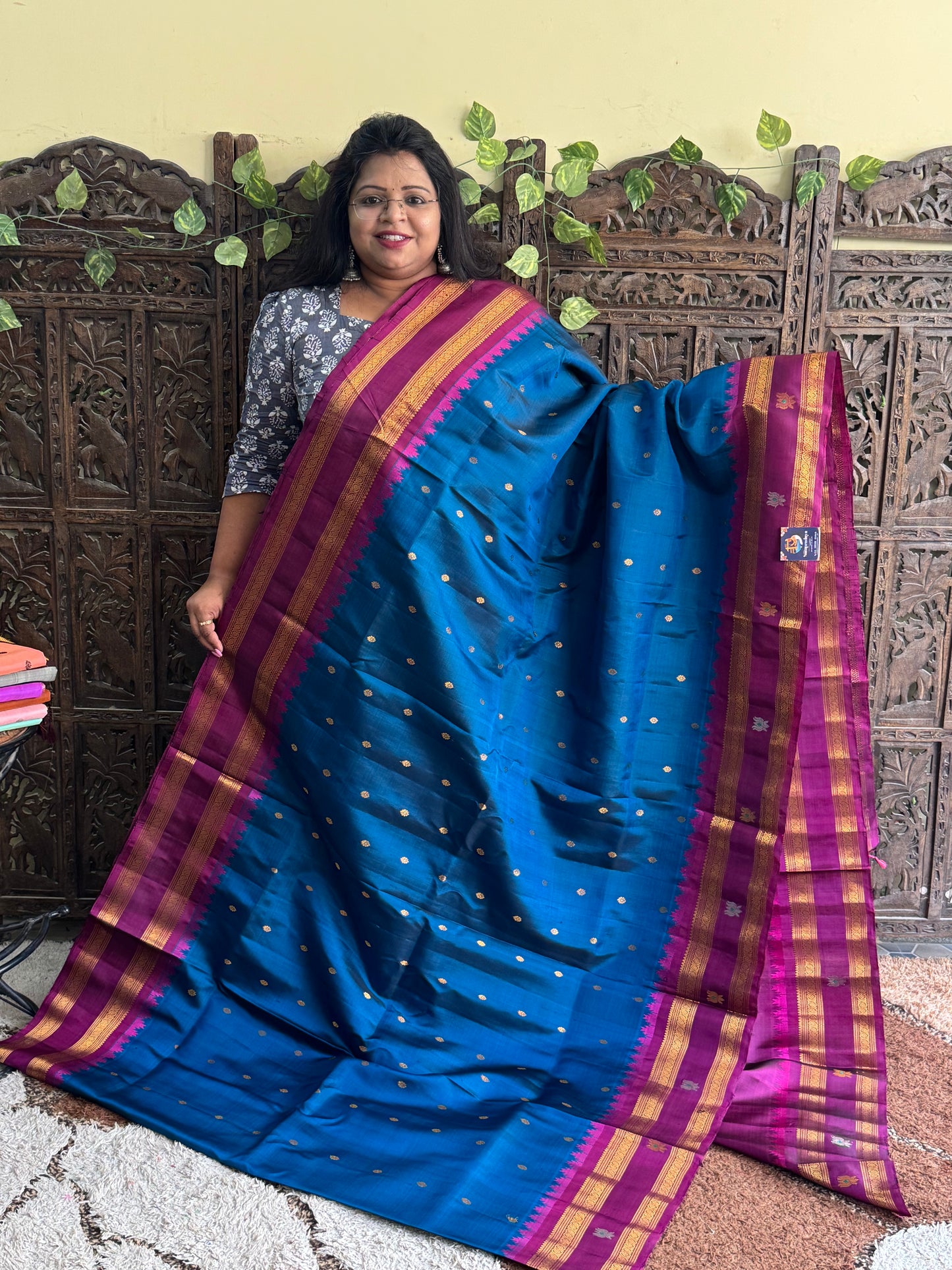 Rama Blue Gadwal Silk Saree with Gold Zari Border — Pure Handloom | Silk Mark Certified