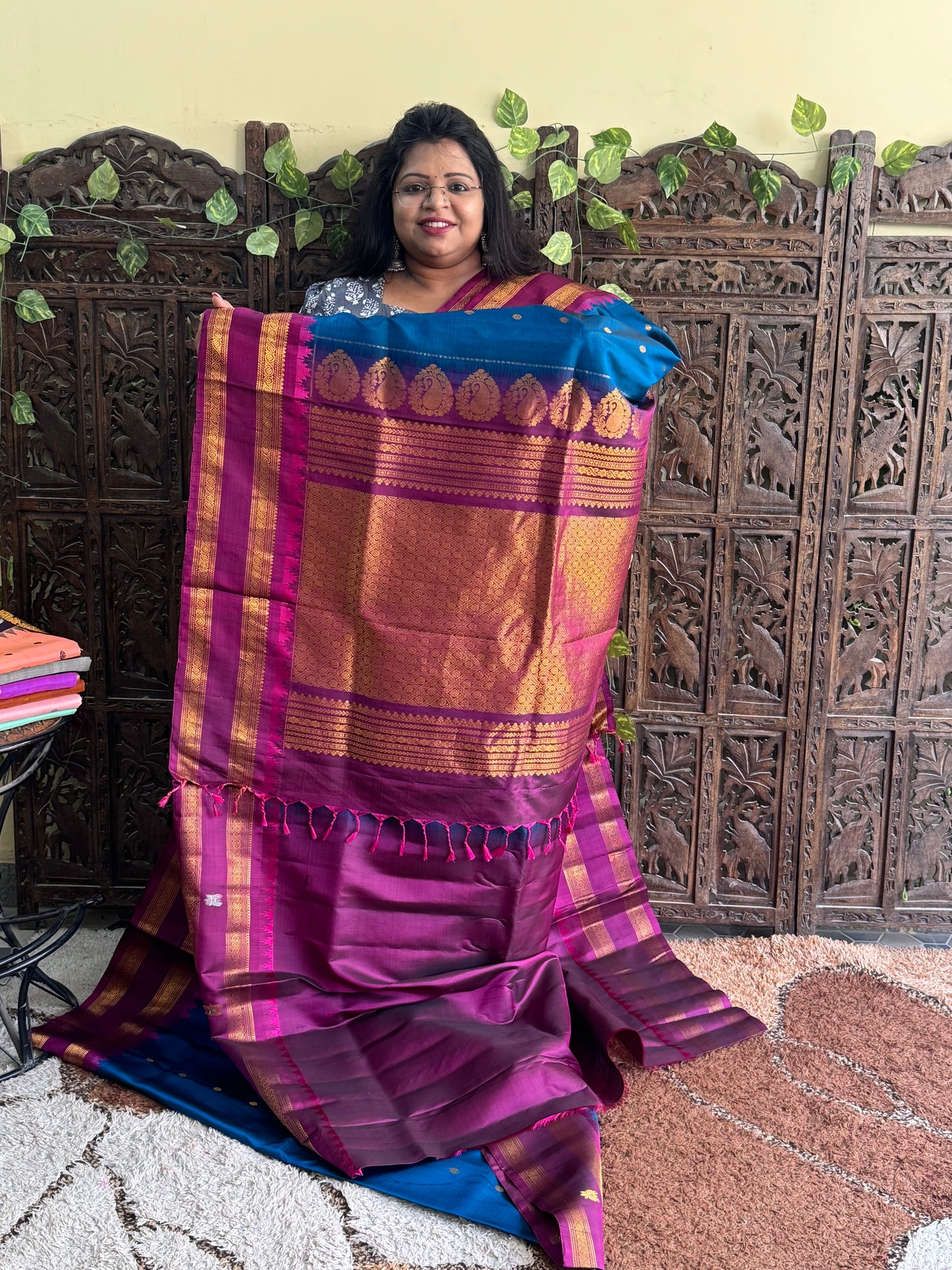 Rama Blue Gadwal Silk Saree with Gold Zari Border — Pure Handloom | Silk Mark Certified