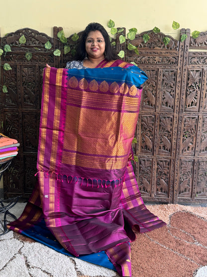 Rama Blue Gadwal Silk Saree with Gold Zari Border — Pure Handloom | Silk Mark Certified