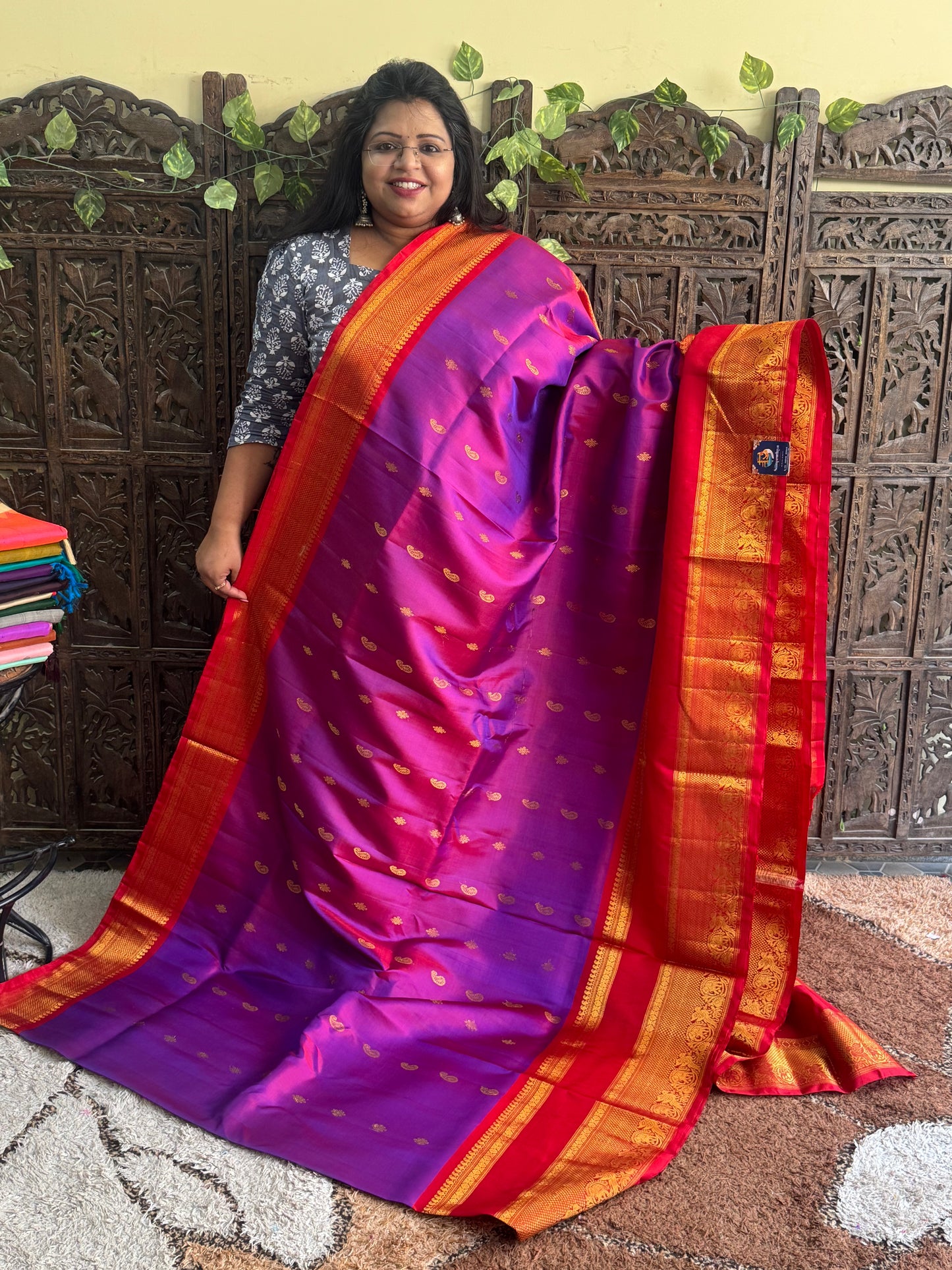 Purple Gadwal Silk Saree with Gold Zari Border — Pure Handloom | Silk Mark Certified