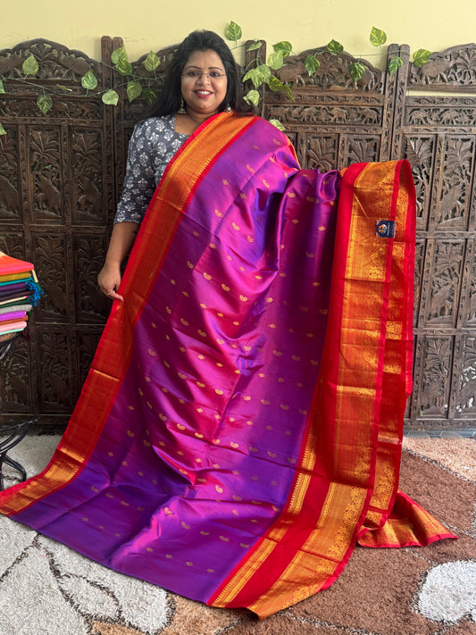 Purple Gadwal Silk Saree with Gold Zari Border — Pure Handloom | Silk Mark Certified