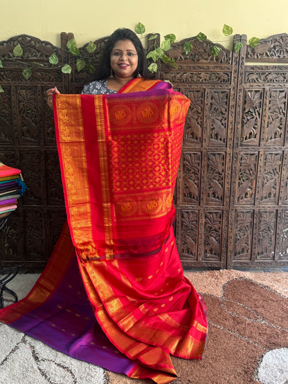 Purple Gadwal Silk Saree with Gold Zari Border — Pure Handloom | Silk Mark Certified