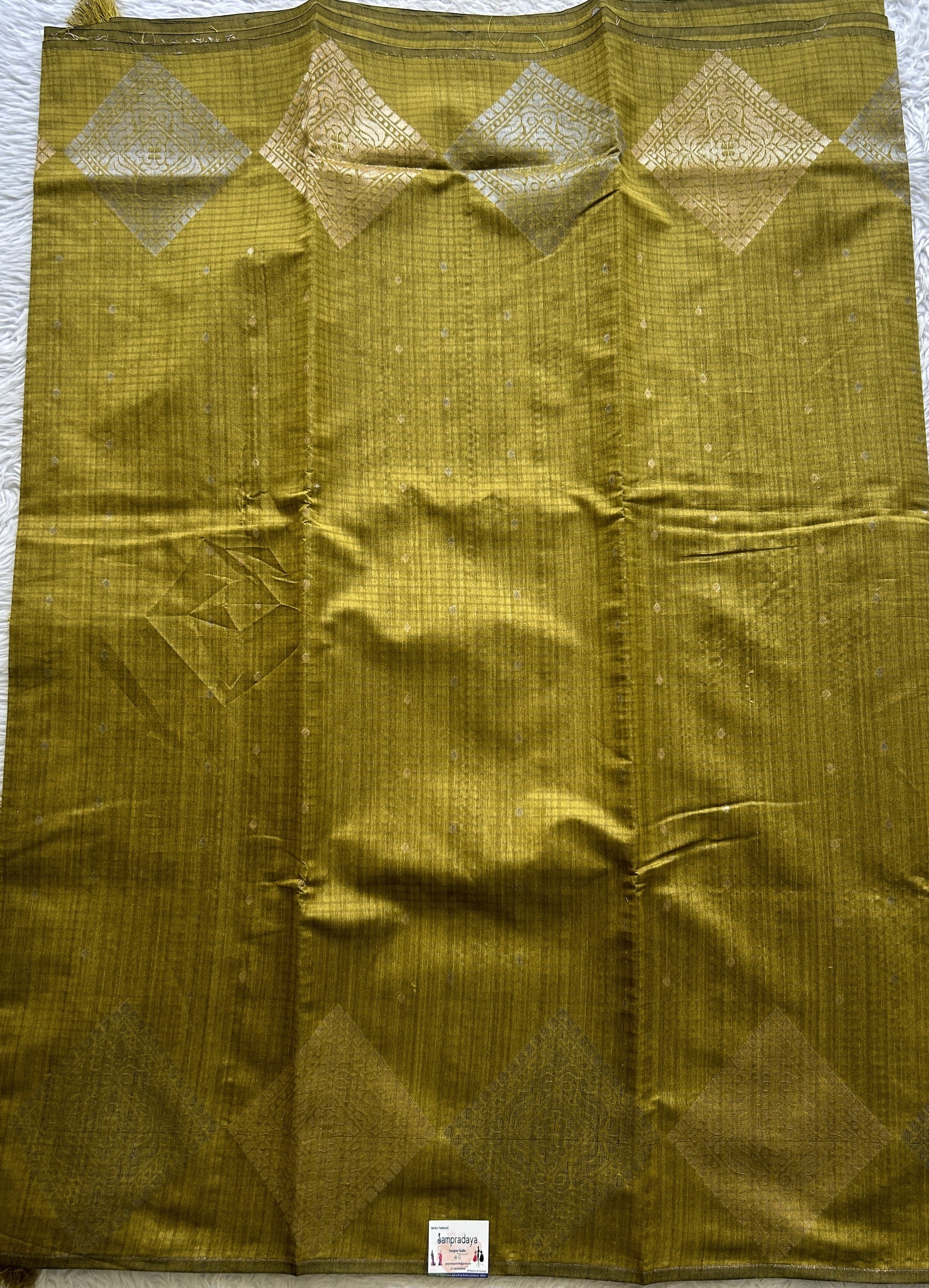 Semi Tussar Saree Olive Green Colored complemented with a Borderless. - Sampradaya Designer Studio