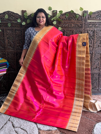 Pink Gadwal Silk Saree with Gold Zari Border — Pure Handloom | Silk Mark Certified