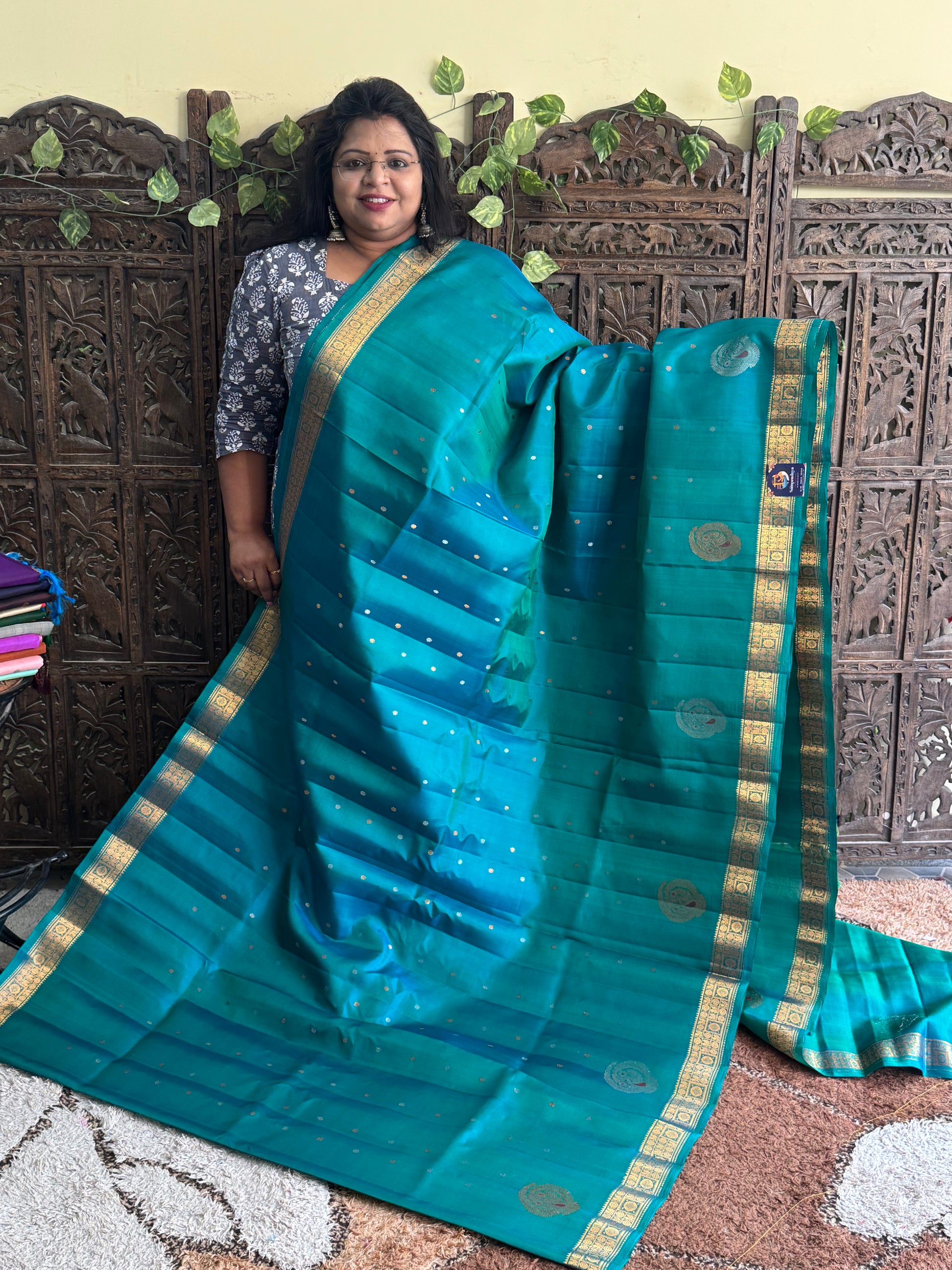 Peacock Green Gadwal Silk Saree with Gold Zari Border — Pure Handloom | Silk Mark Certified - Sampradaya Designer Studio