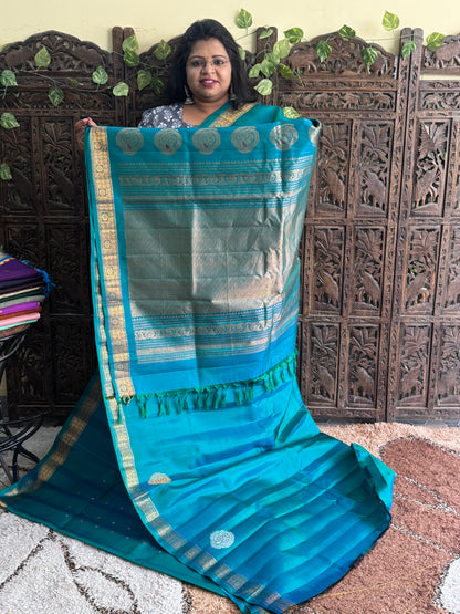 Peacock Green Gadwal Silk Saree with Gold Zari Border — Pure Handloom | Silk Mark Certified - Sampradaya Designer Studio