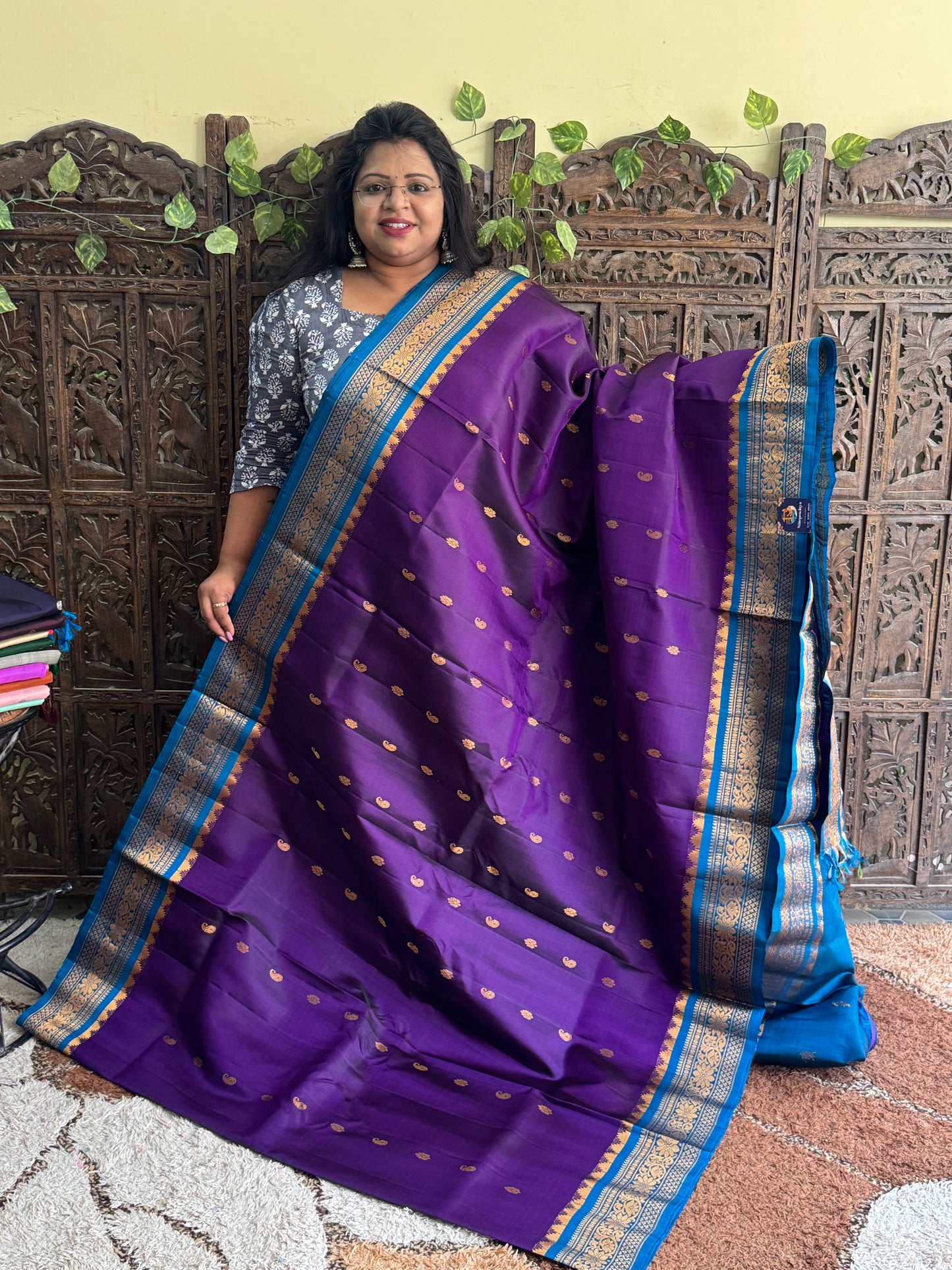 Purple Gadwal Silk Saree with Gold Zari Border — Pure Handloom | Silk Mark Certified