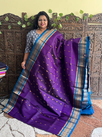 Purple Gadwal Silk Saree with Gold Zari Border — Pure Handloom | Silk Mark Certified