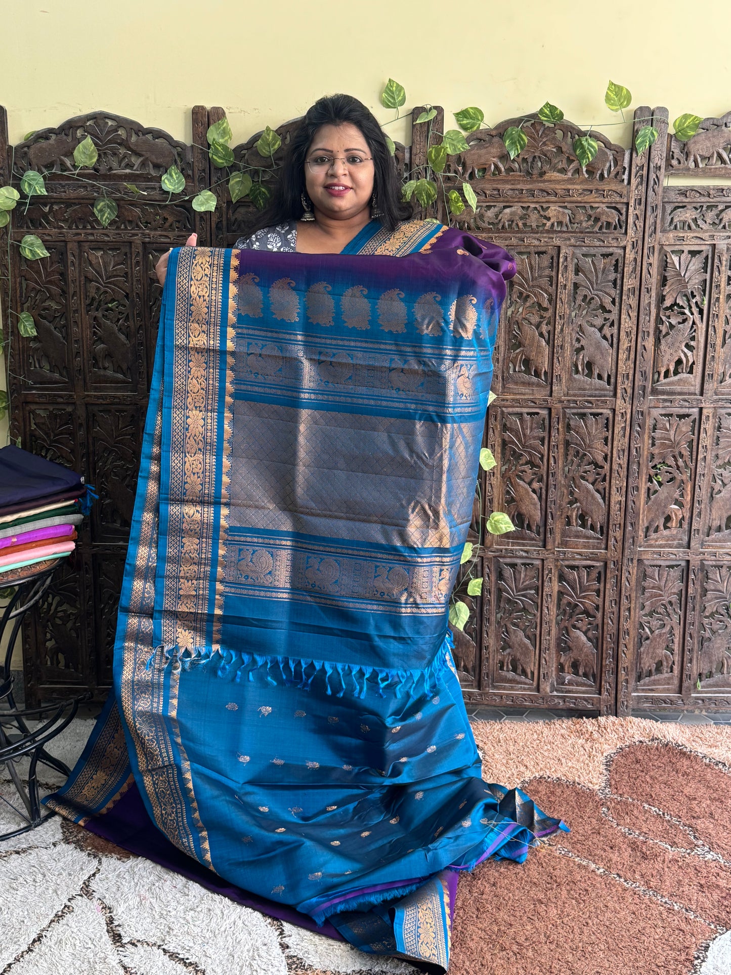 Purple Gadwal Silk Saree with Gold Zari Border — Pure Handloom | Silk Mark Certified