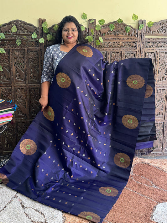 Carbon Blue Gadwal Silk Saree with Gold Zari Border — Pure Handloom | Silk Mark Certified