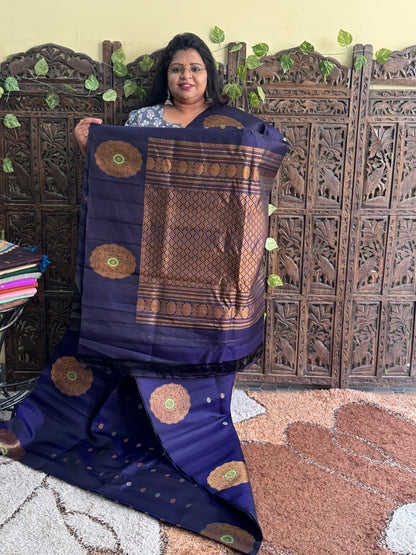 Carbon Blue Gadwal Silk Saree with Gold Zari Border — Pure Handloom | Silk Mark Certified