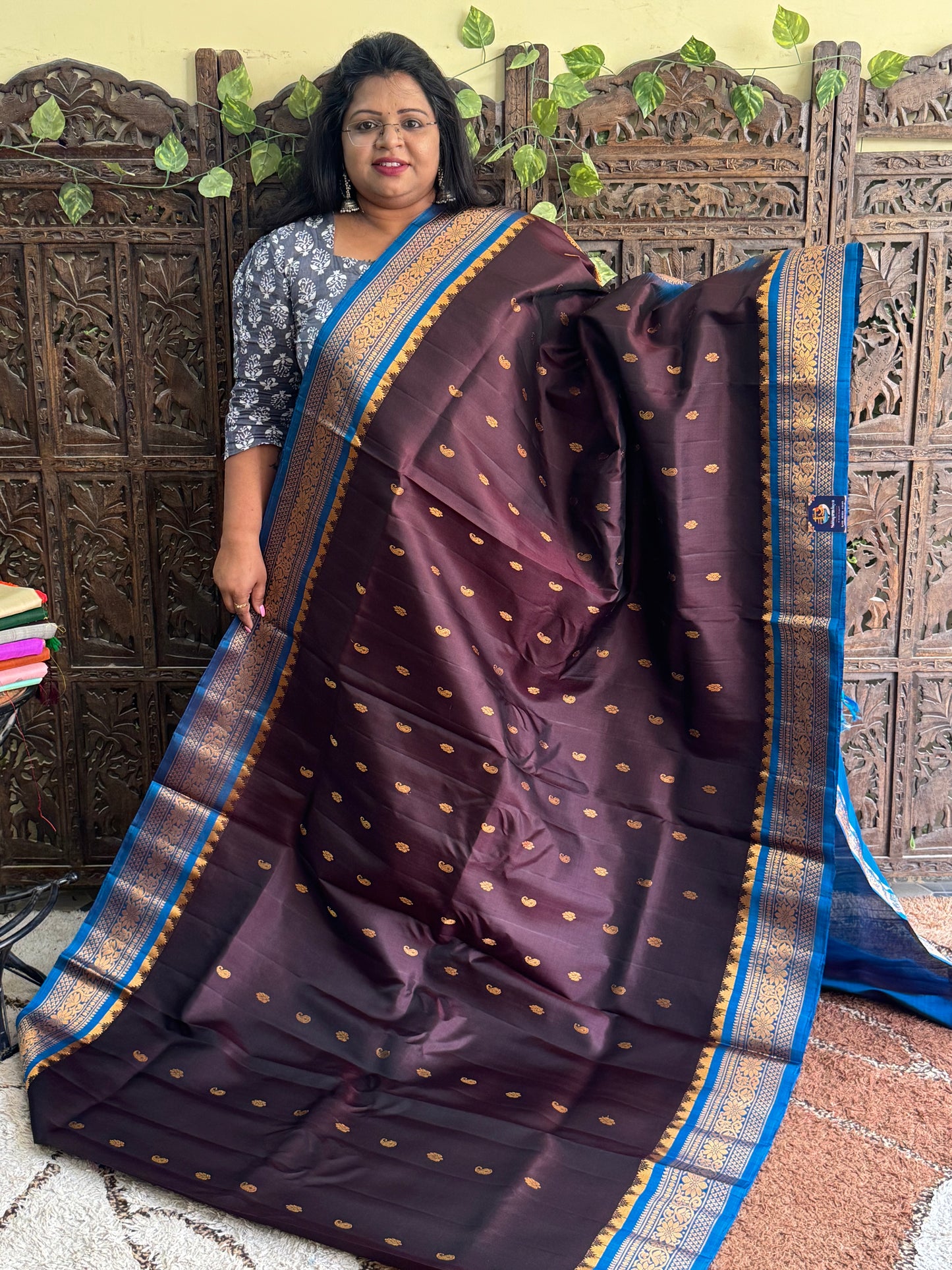 Brown Gadwal Silk Saree with Gold Zari Border — Pure Handloom | Silk Mark Certified
