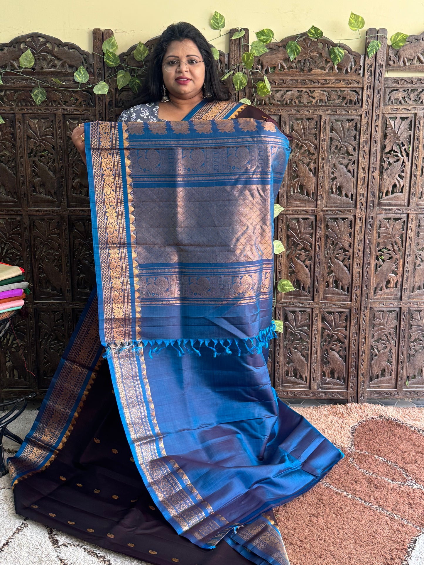 Brown Gadwal Silk Saree with Gold Zari Border — Pure Handloom | Silk Mark Certified