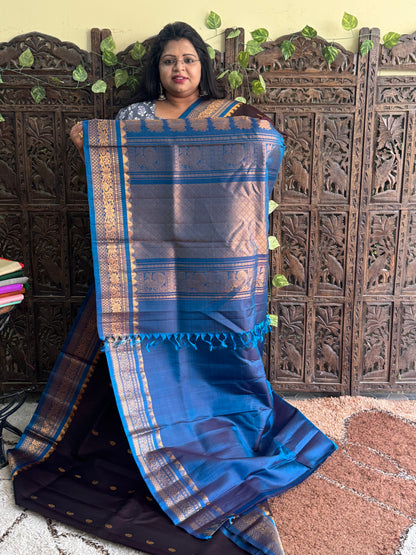 Brown Gadwal Silk Saree with Gold Zari Border — Pure Handloom | Silk Mark Certified