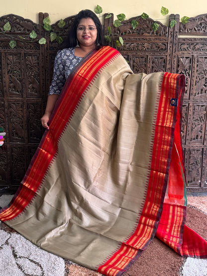 Cream Gadwal Silk Saree with Gold Zari Border — Pure Handloom | Silk Mark Certified