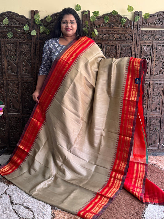 Cream Gadwal Silk Saree with Gold Zari Border — Pure Handloom | Silk Mark Certified