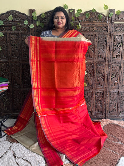 Cream Gadwal Silk Saree with Gold Zari Border — Pure Handloom | Silk Mark Certified