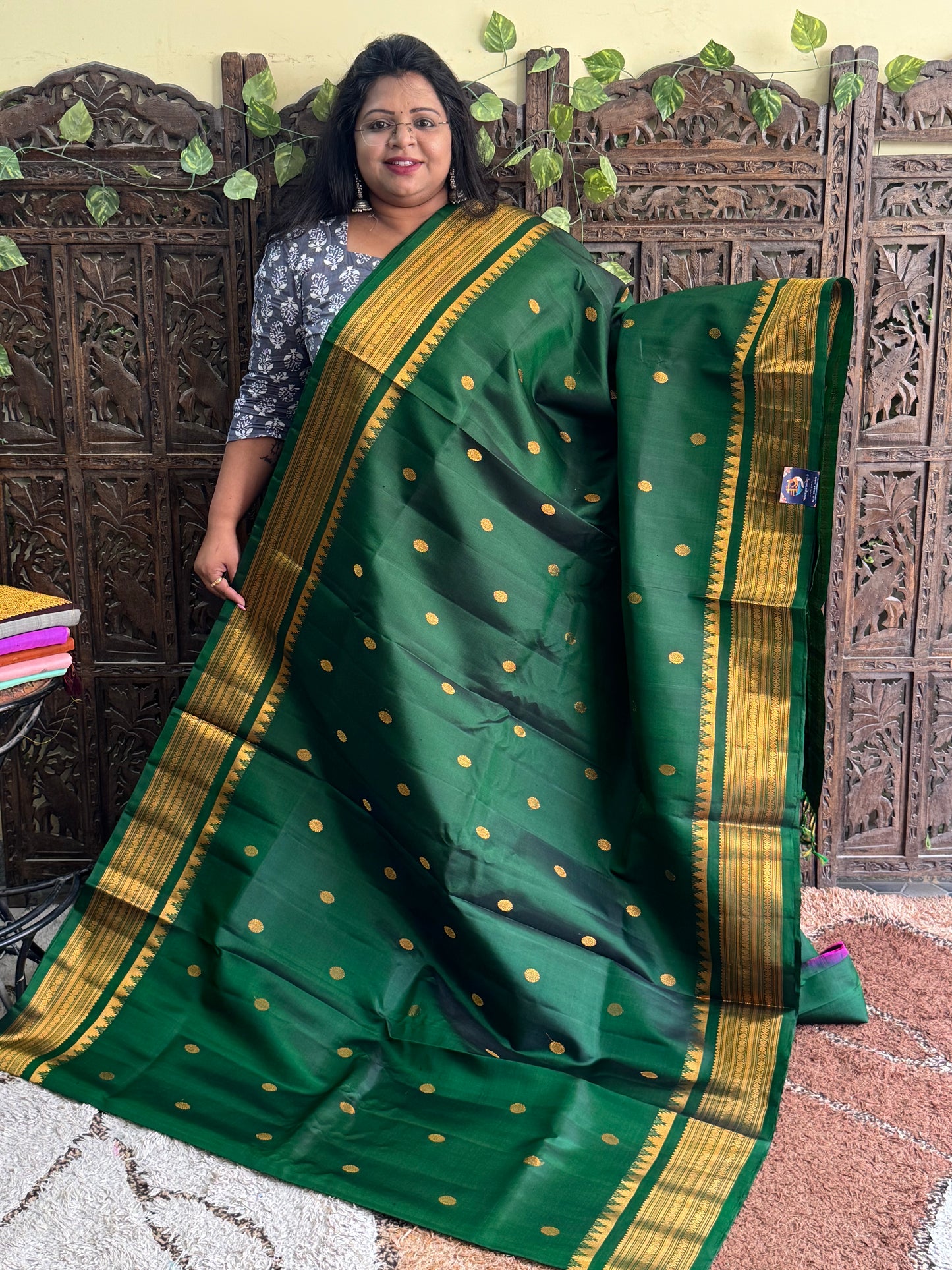 Green Gadwal Silk Saree with Gold Zari Border — Pure Handloom | Silk Mark Certified - Sampradaya Designer Studio