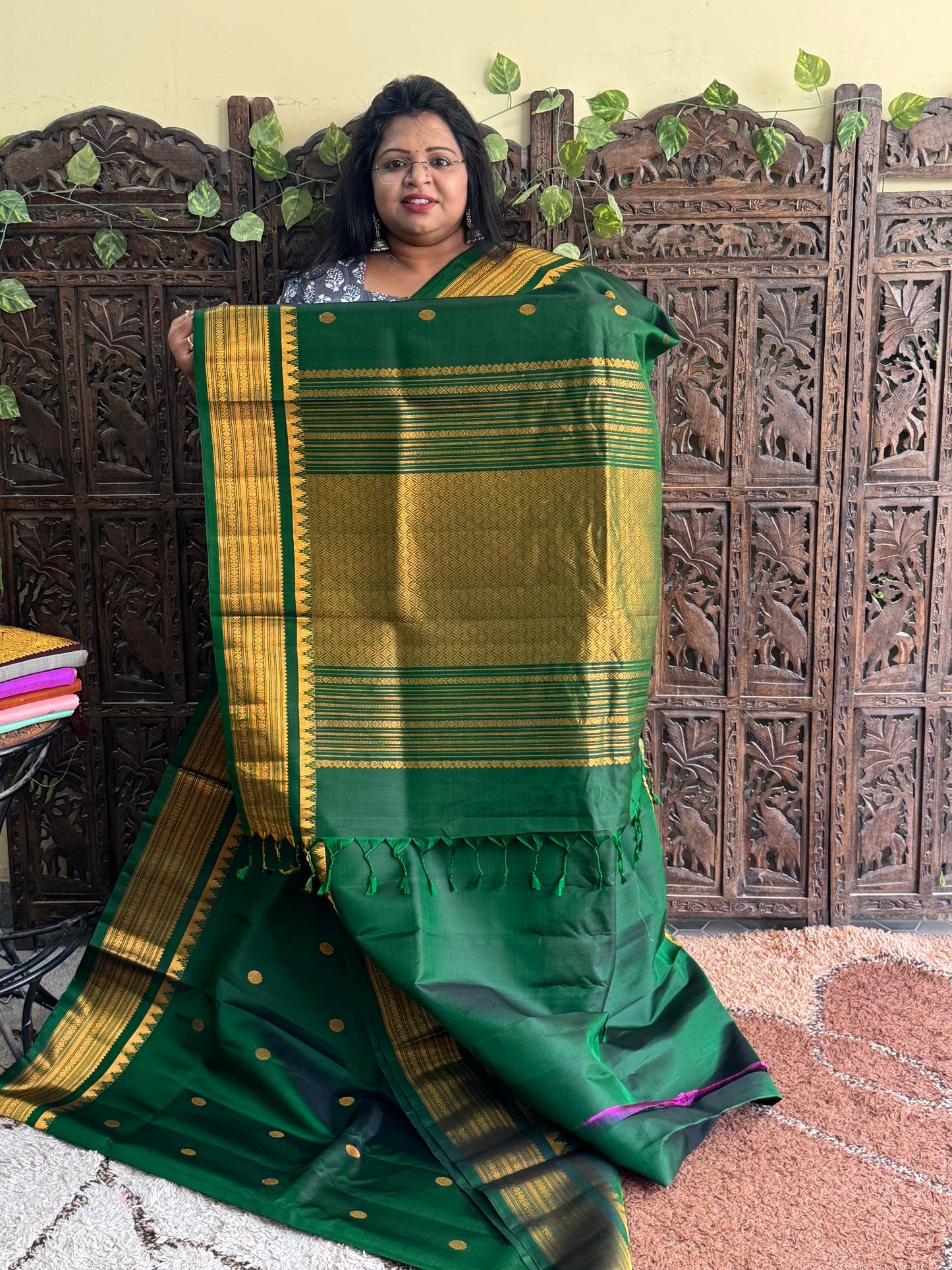 Green Gadwal Silk Saree with Gold Zari Border — Pure Handloom | Silk Mark Certified - Sampradaya Designer Studio