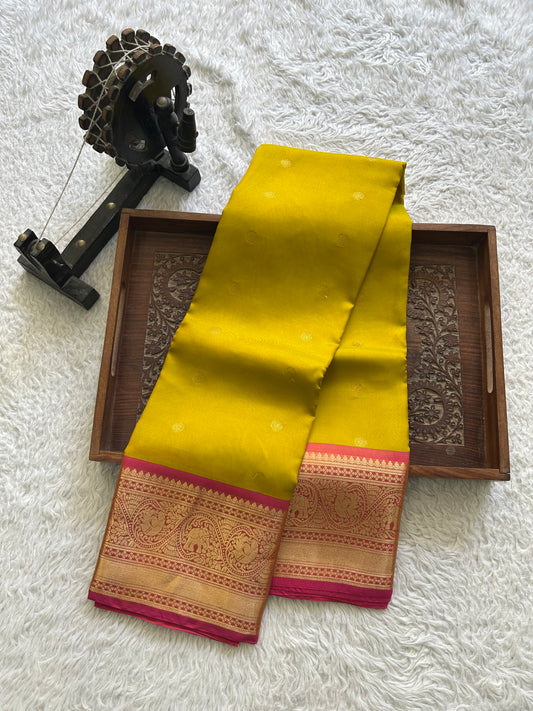 Kanjivaram Silk Saree - yellow with Gold Zari Border ( Powerloom) | Affordable Luxury