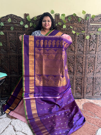 Peach Gadwal Silk Saree with Gold Zari Border — Pure Handloom | Silk Mark Certified