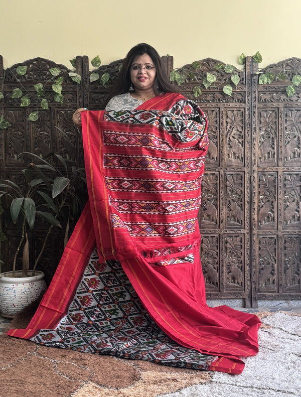Ikkat Pattu Saree Gray colored complemented with a Red Patola border. - Sampradaya Designer Studio