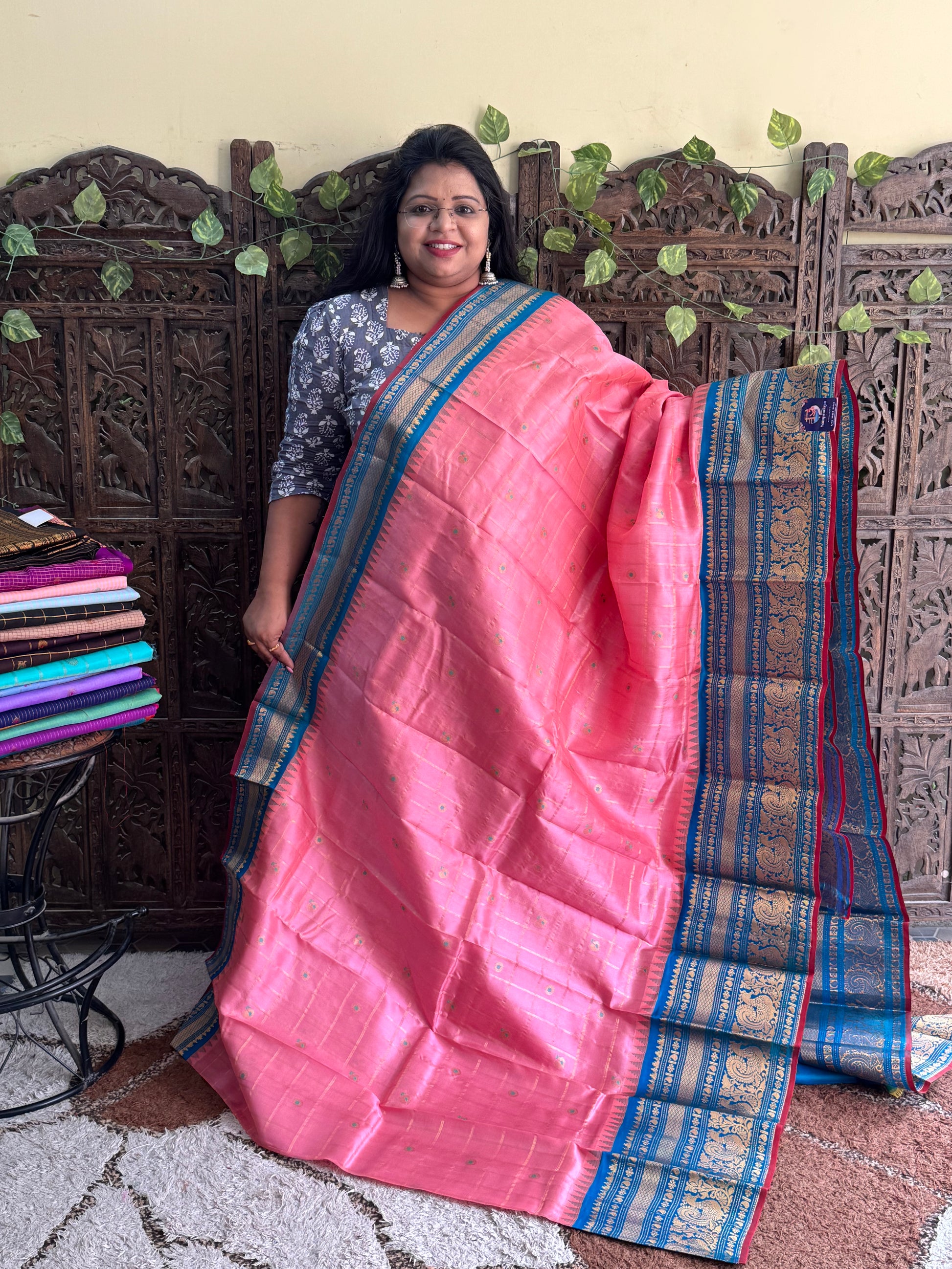 Pink Gadwal Pure Silk Saree (Powerloom) With Gold Zari Border — Silk Mark Certified - Sampradaya Designer Studio