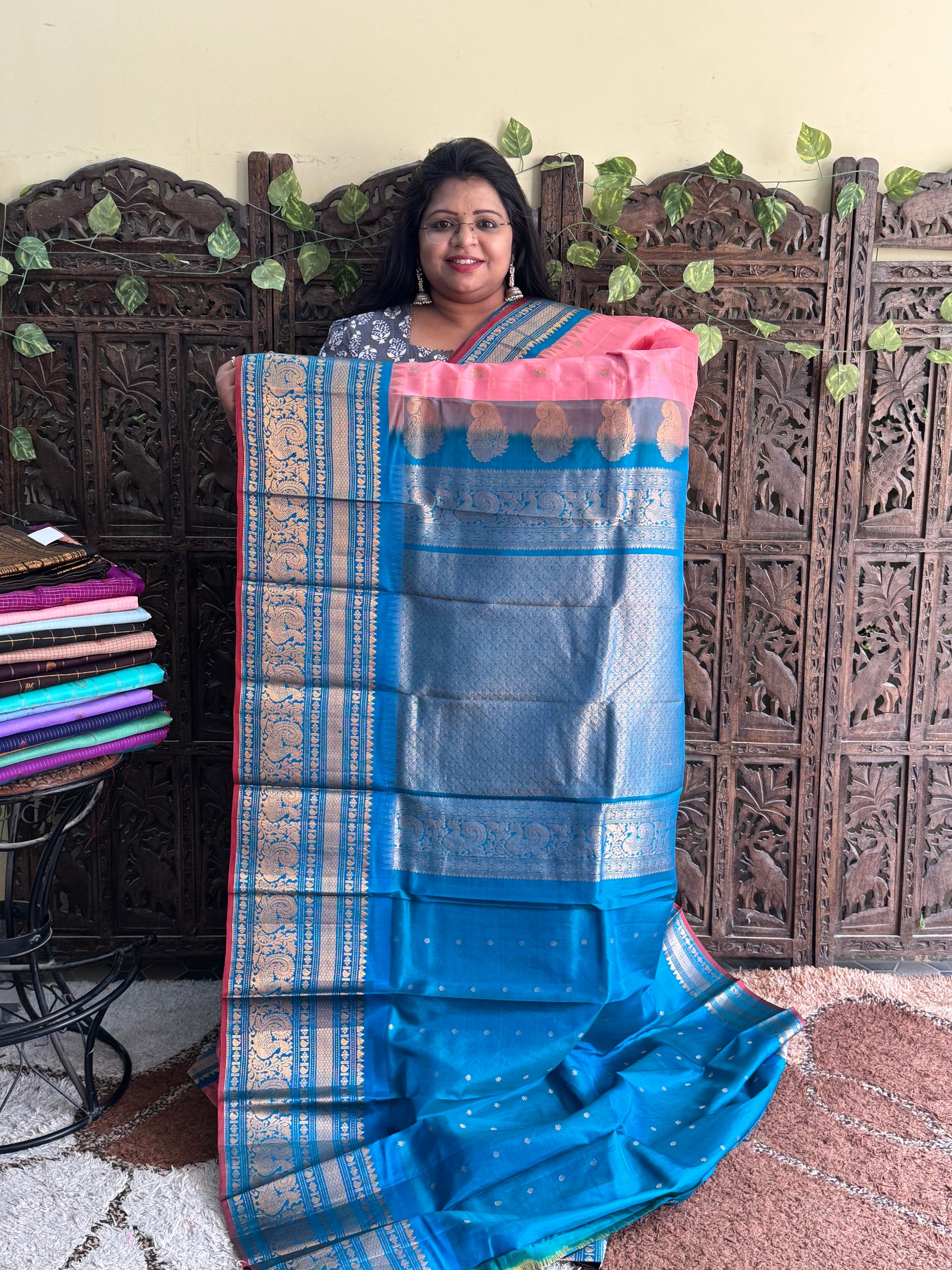 Pink Gadwal Pure Silk Saree (Powerloom) With Gold Zari Border — Silk Mark Certified - Sampradaya Designer Studio