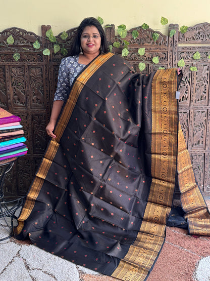 Black Gadwal Pure Silk Saree (Powerloom) With Gold Zari Border — Silk Mark Certified - Sampradaya Designer Studio
