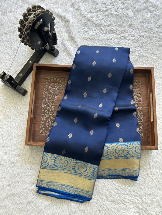 Kanjivaram Silk Saree - Blue with Gold Zari Border ( Powerloom) | Affordable Luxury