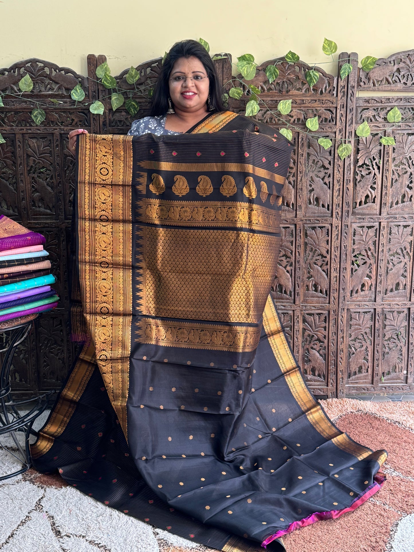 Black Gadwal Pure Silk Saree (Powerloom) With Gold Zari Border — Silk Mark Certified - Sampradaya Designer Studio