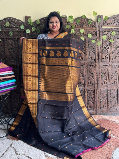 Black Gadwal Pure Silk Saree (Powerloom) With Gold Zari Border — Silk Mark Certified - Sampradaya Designer Studio