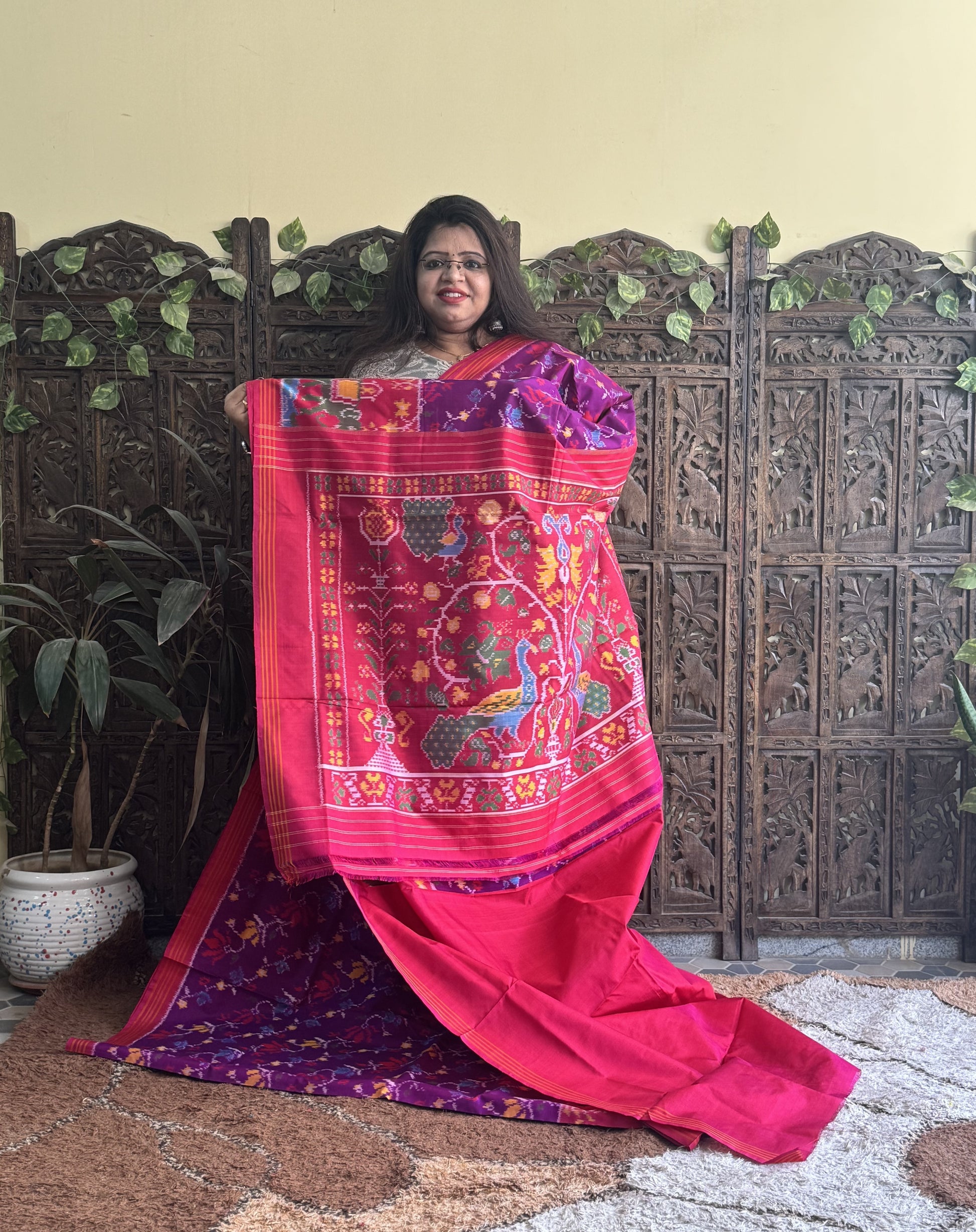 Ikkat Pattu Saree Violet colored complemented with a Pink Ikkat border. - Sampradaya Designer Studio