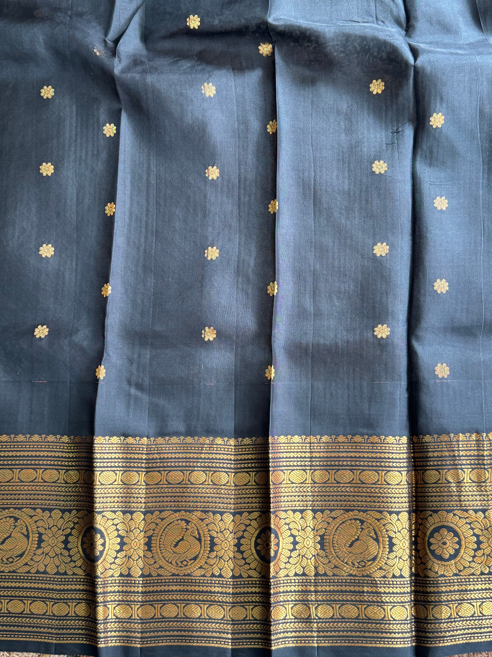 Black Gadwal Pure Silk Saree (Powerloom) With Gold Zari Border — Silk Mark Certified - Sampradaya Designer Studio