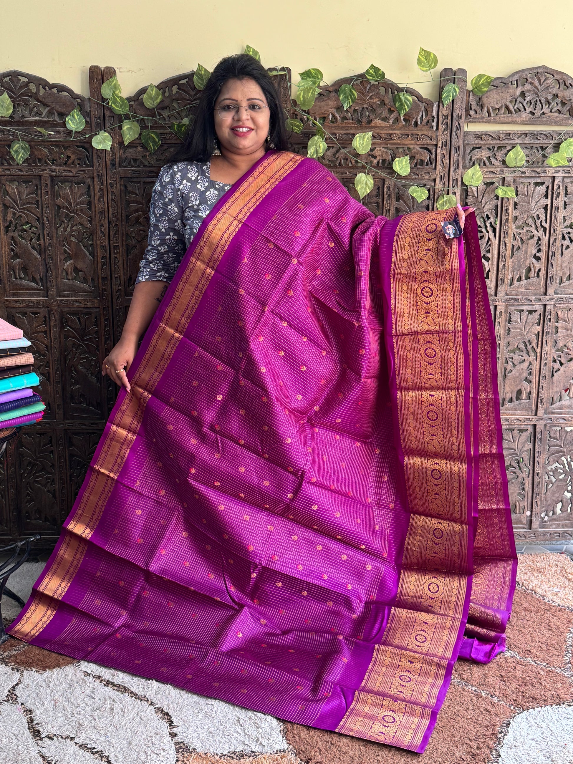 Violet Gadwal Pure Silk Saree (Powerloom) With Gold Zari Border — Silk Mark Certified - Sampradaya Designer Studio