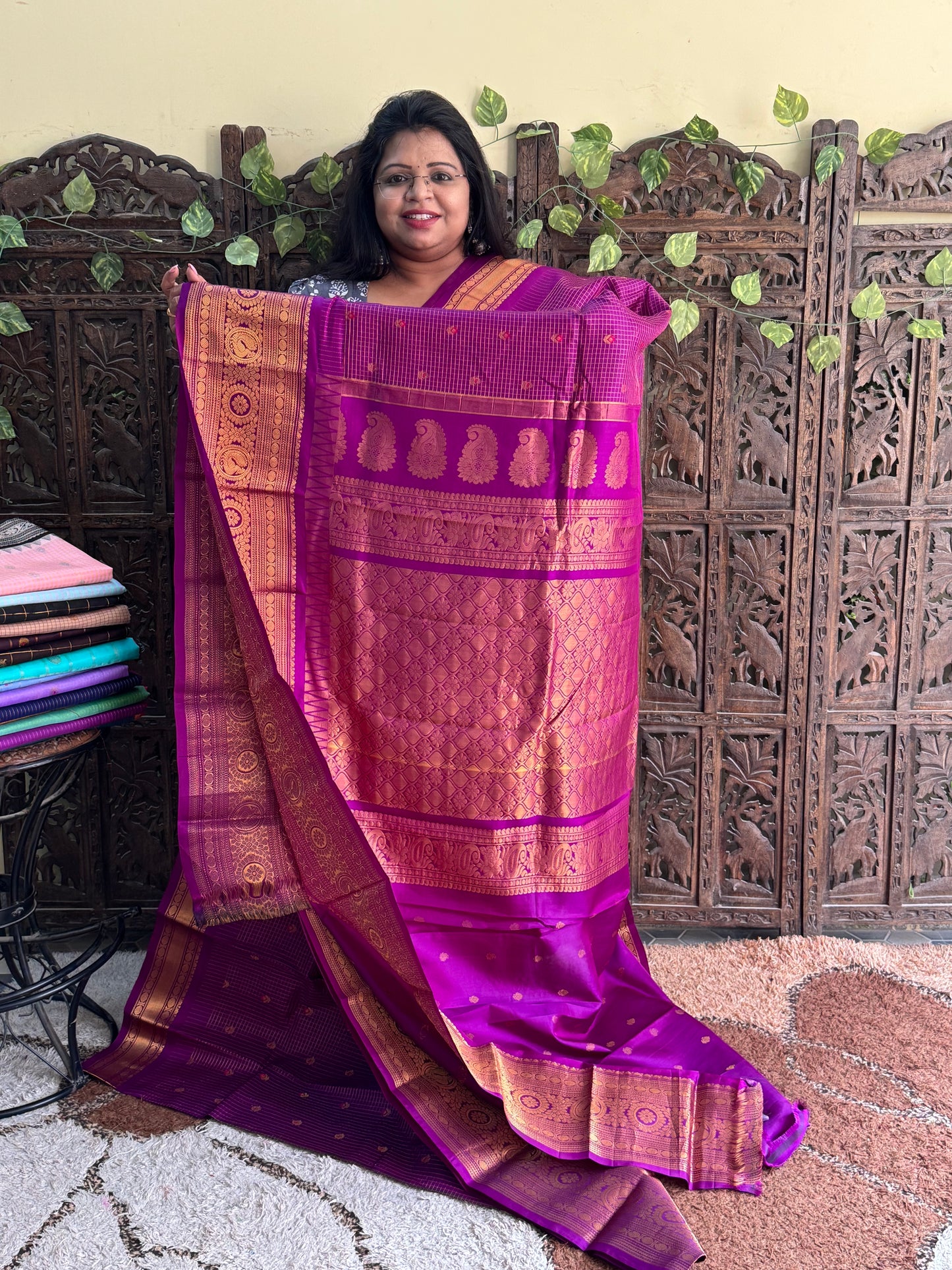 Violet Gadwal Pure Silk Saree (Powerloom) With Gold Zari Border — Silk Mark Certified - Sampradaya Designer Studio