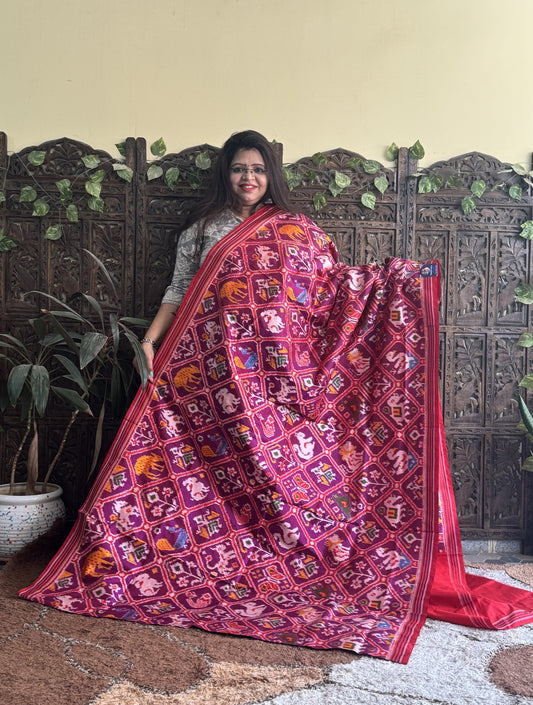 Ikkat Pattu Saree Violet colored complemented with a Red Patolla border. - Sampradaya Designer Studio