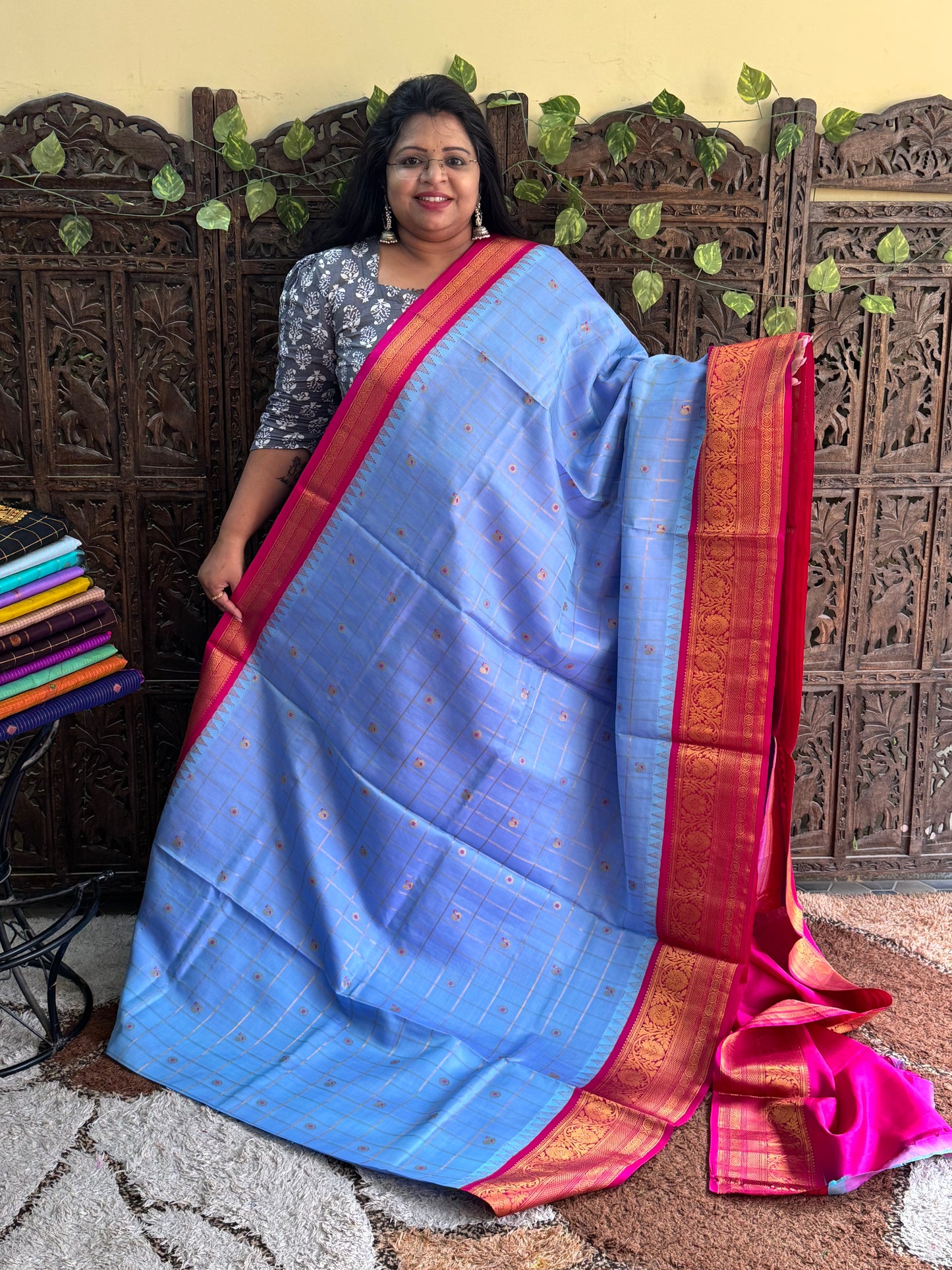 Blue Gadwal Pure Silk Saree (Powerloom) With Gold Zari Border — Silk Mark Certified - Sampradaya Designer Studio