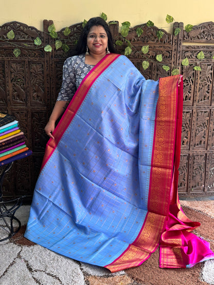 Blue Gadwal Pure Silk Saree (Powerloom) With Gold Zari Border — Silk Mark Certified - Sampradaya Designer Studio