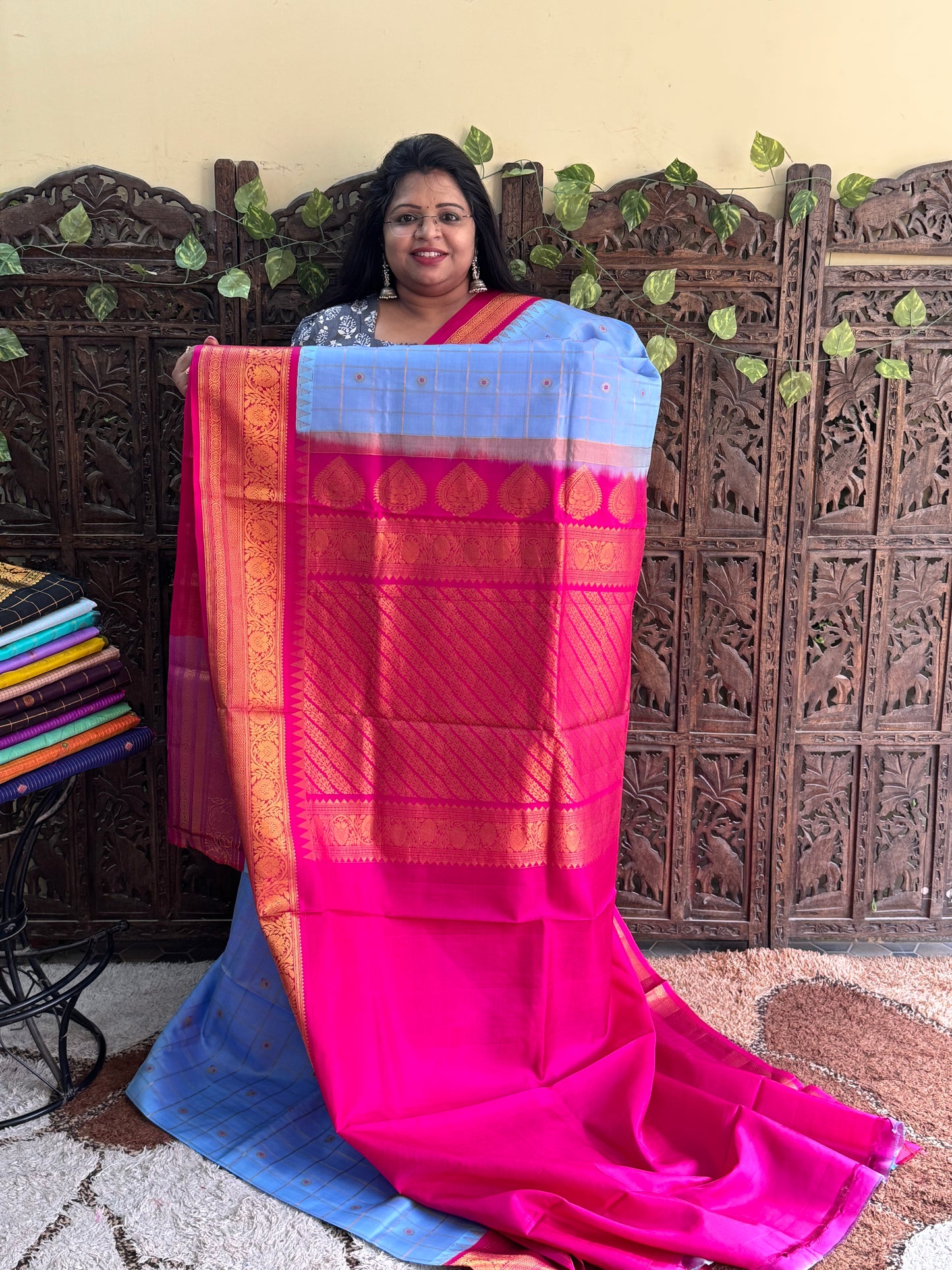 Blue Gadwal Pure Silk Saree (Powerloom) With Gold Zari Border — Silk Mark Certified - Sampradaya Designer Studio