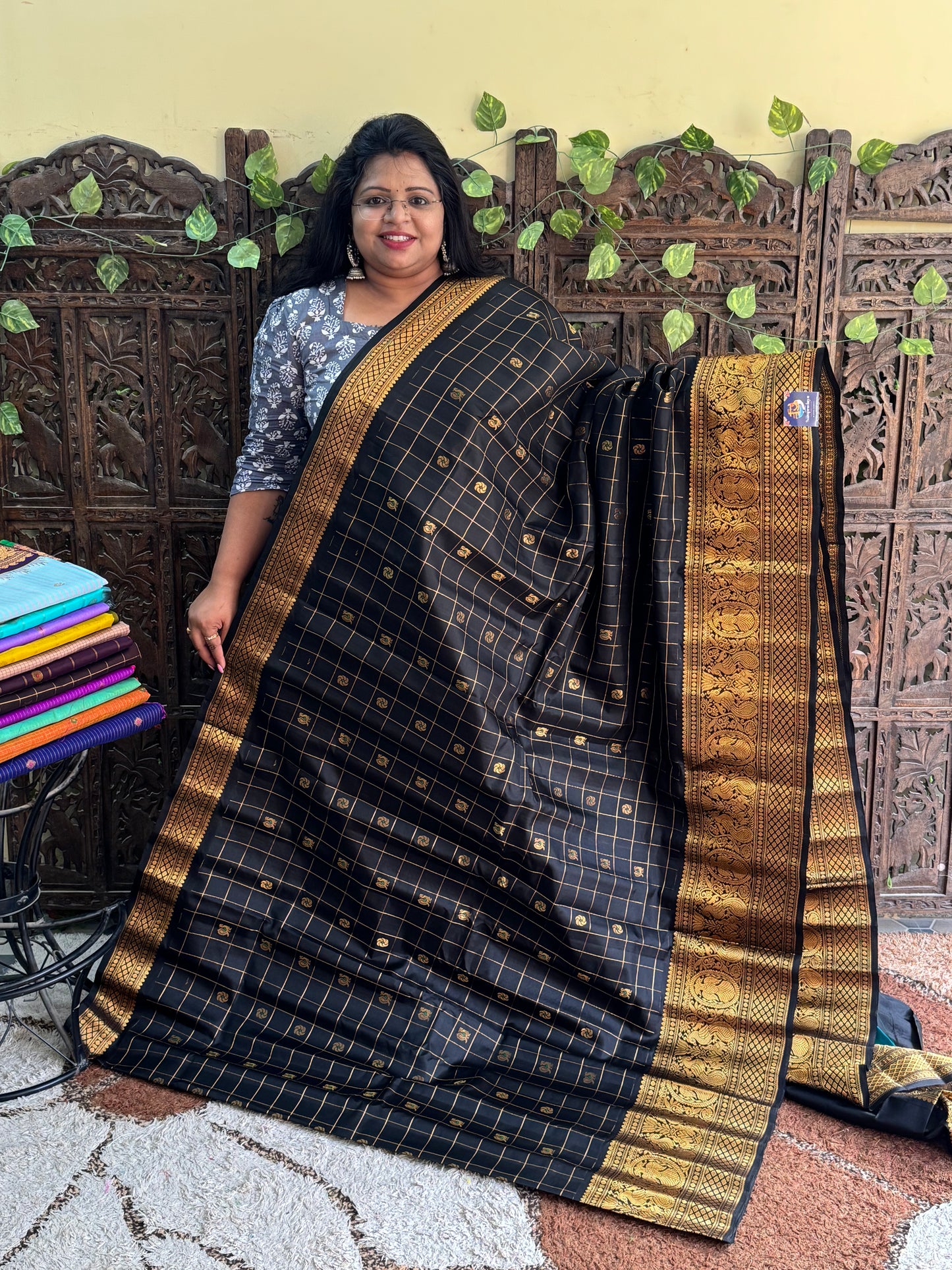 Black Gadwal Pure Silk Saree (Powerloom) With Gold Zari Border — Silk Mark Certified - Sampradaya Designer Studio