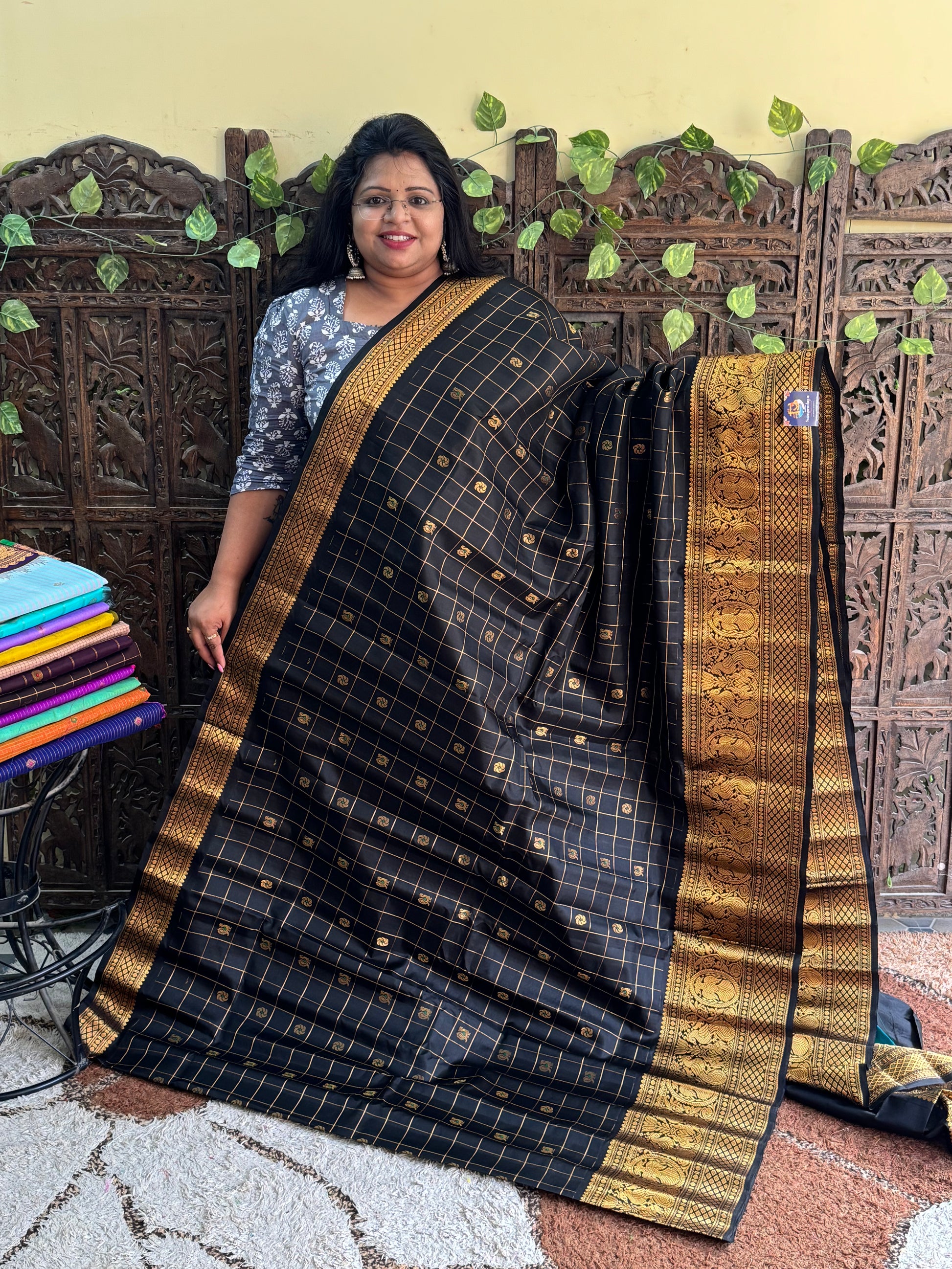 Black Gadwal Pure Silk Saree (Powerloom) With Gold Zari Border — Silk Mark Certified - Sampradaya Designer Studio