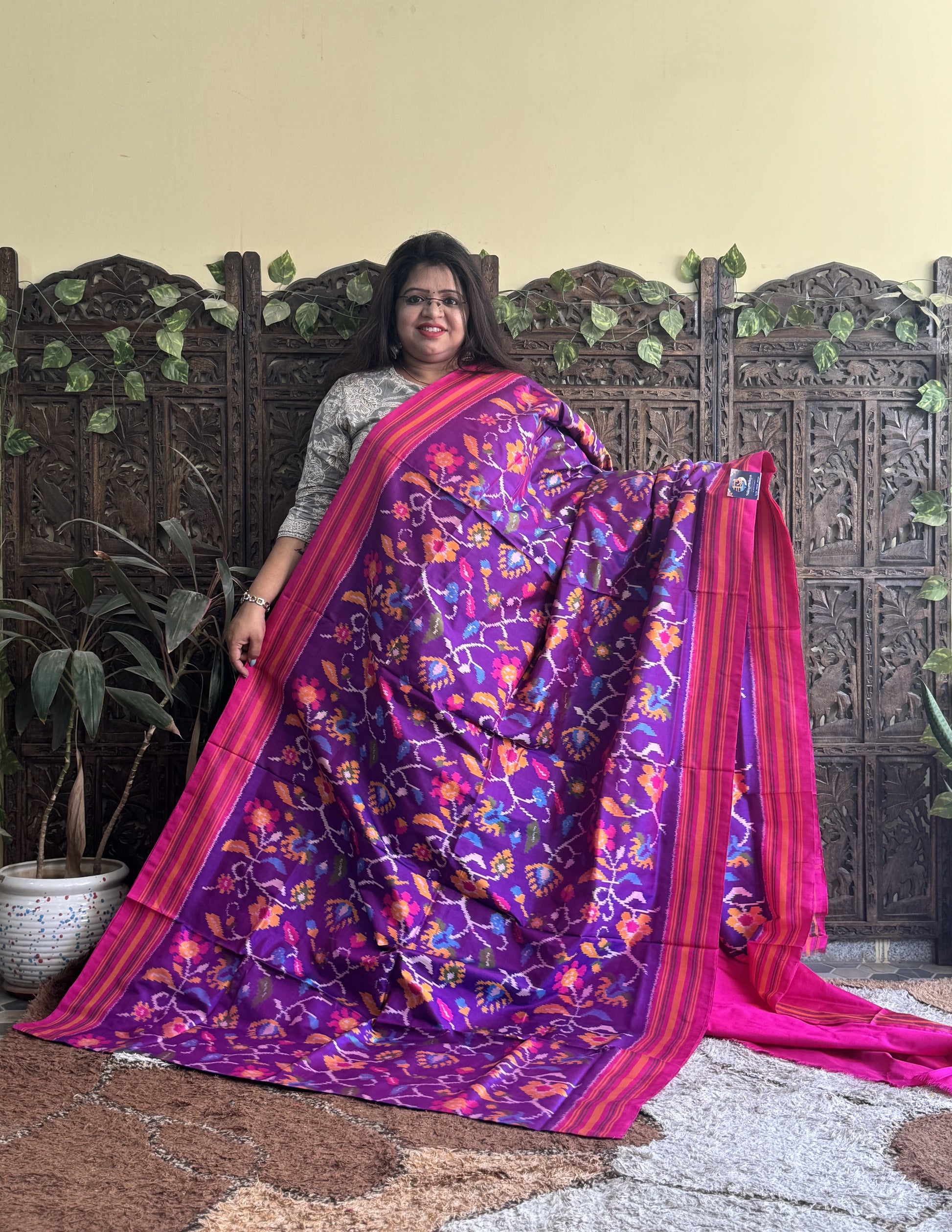 Ikkat Pattu Saree Purple colored complemented with a Pink Patolla border. - Sampradaya Designer Studio