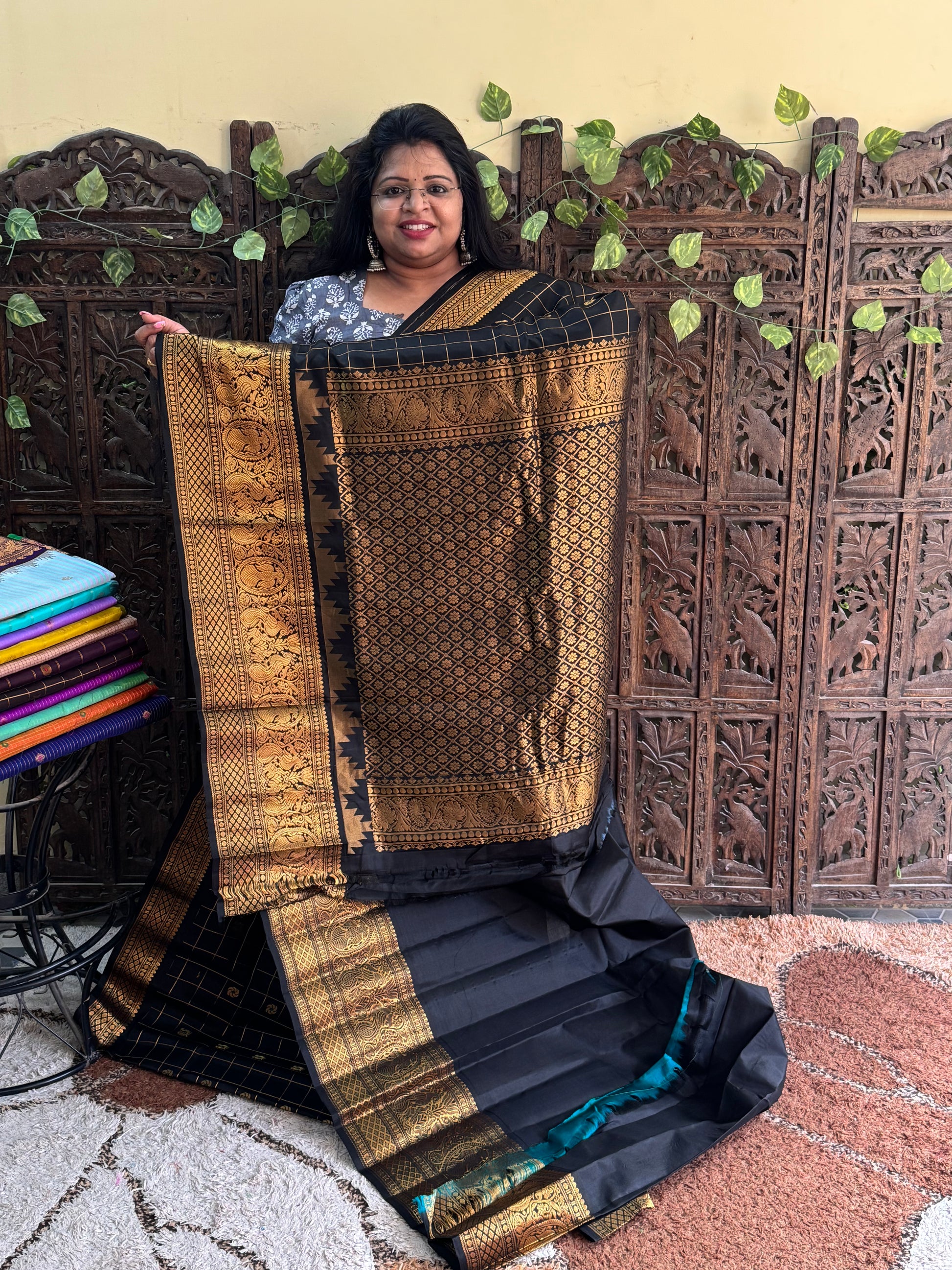 Black Gadwal Pure Silk Saree (Powerloom) With Gold Zari Border — Silk Mark Certified - Sampradaya Designer Studio