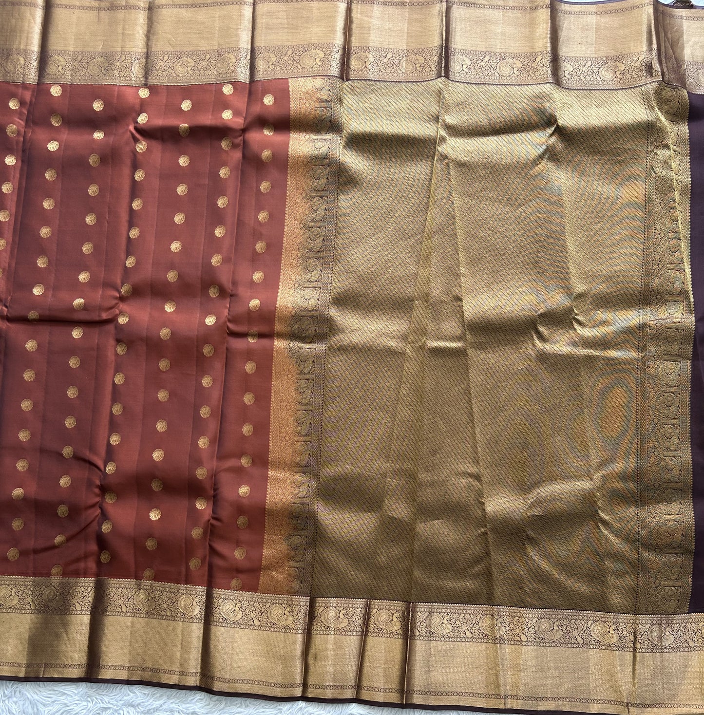 Kanjivaram Silk Saree - Brown with Gold Zari Border ( Powerloom) | Affordable Luxury