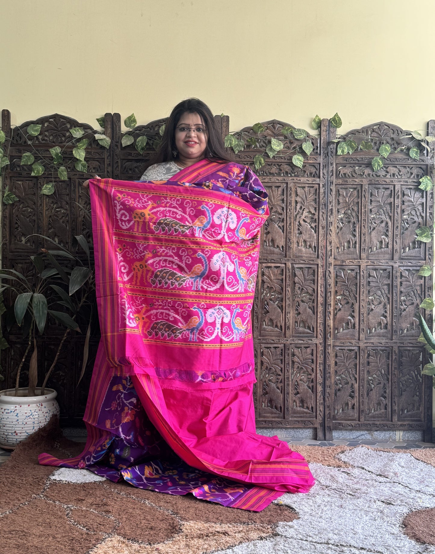 Ikkat Pattu Saree Purple colored complemented with a Pink Patolla border. - Sampradaya Designer Studio