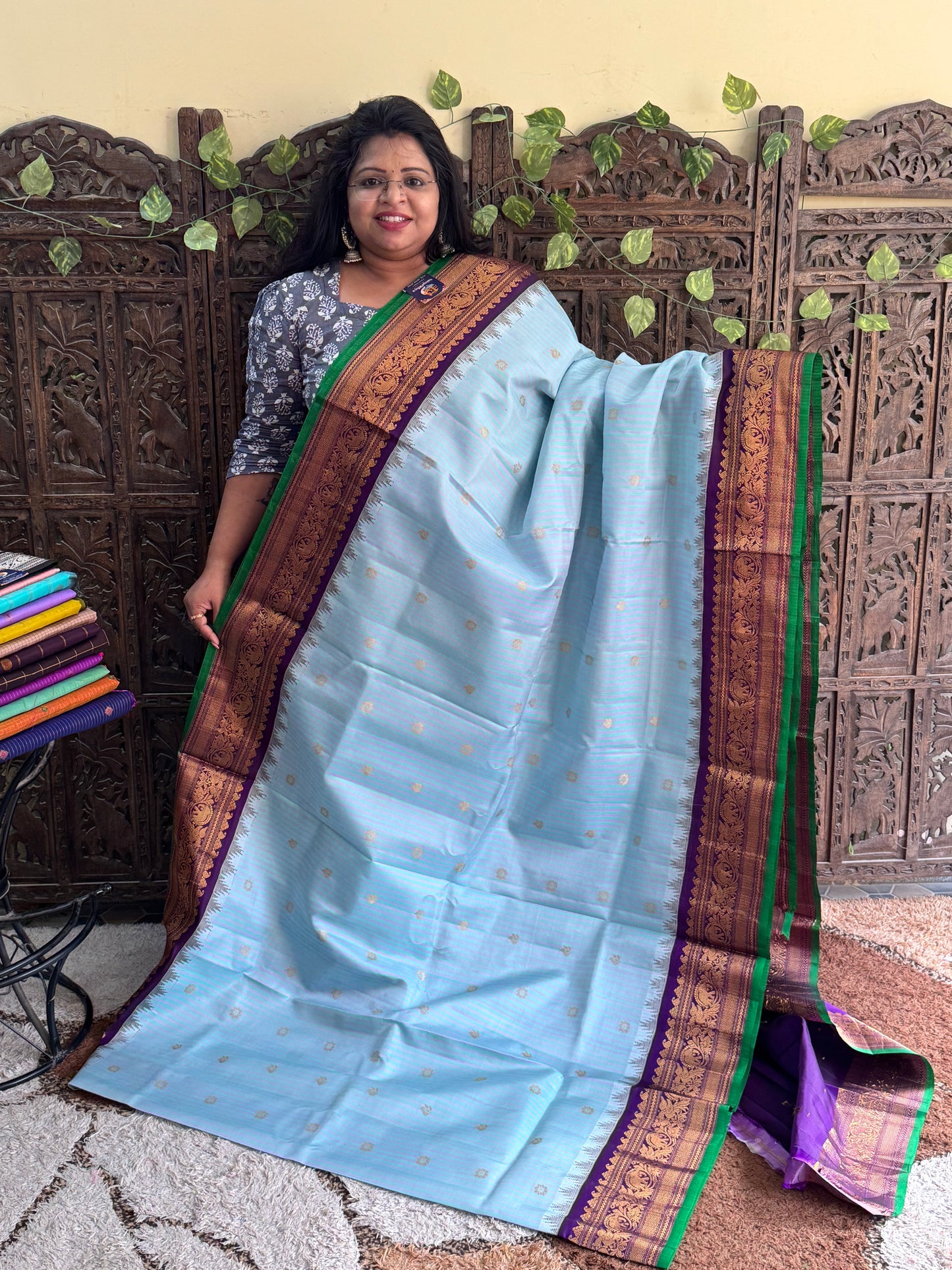 Blue Gadwal Pure Silk Saree (Powerloom) With Gold Zari Border — Silk Mark Certified - Sampradaya Designer Studio