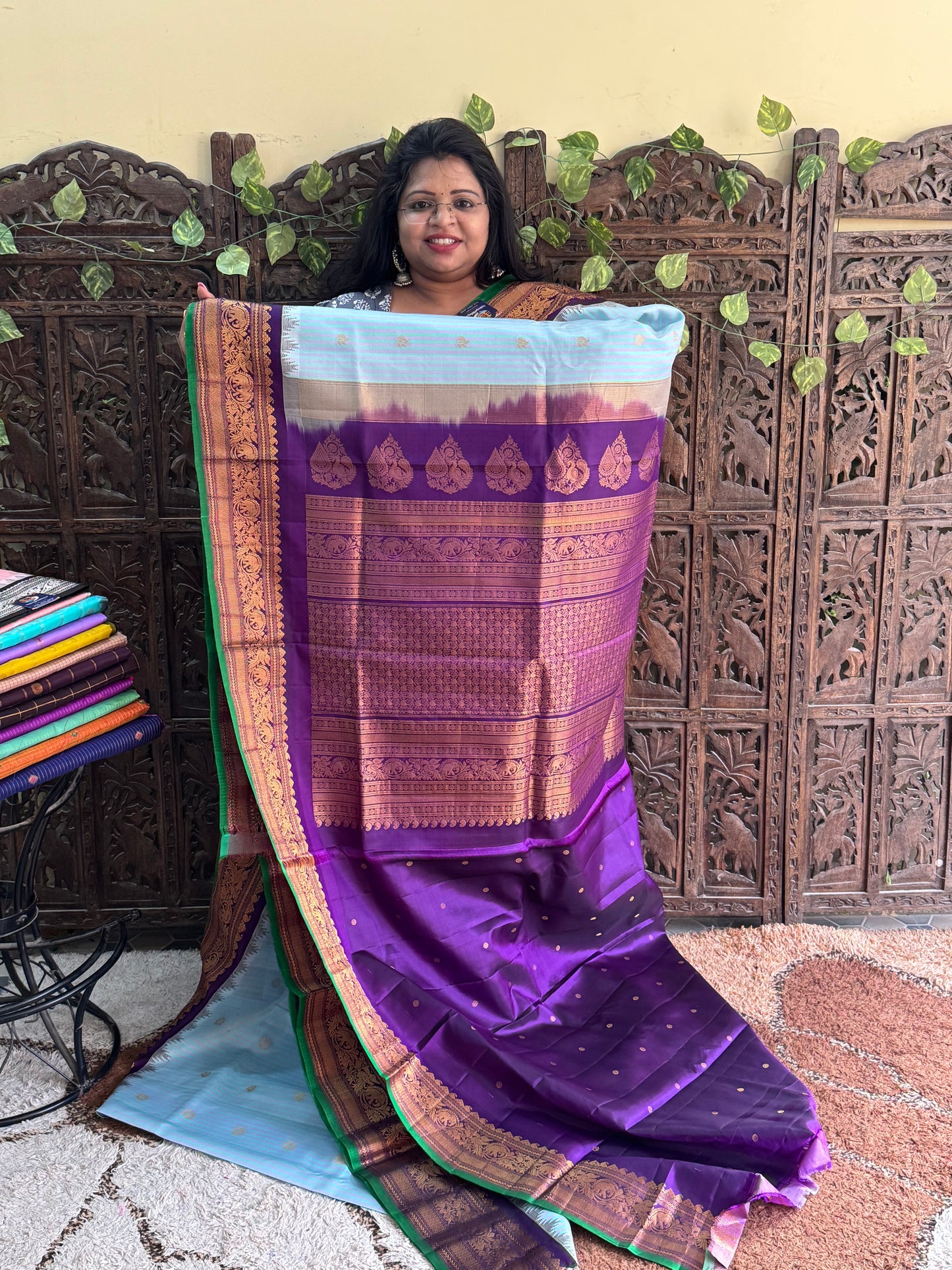 Blue Gadwal Pure Silk Saree (Powerloom) With Gold Zari Border — Silk Mark Certified - Sampradaya Designer Studio
