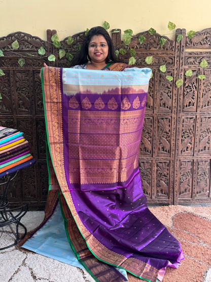 Blue Gadwal Pure Silk Saree (Powerloom) With Gold Zari Border — Silk Mark Certified - Sampradaya Designer Studio