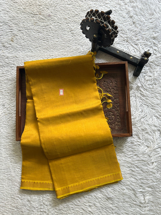 Mangalagiri Plain Pattu Saree Mustard colored complemented with a Zari Border. - Sampradaya Designer Studio